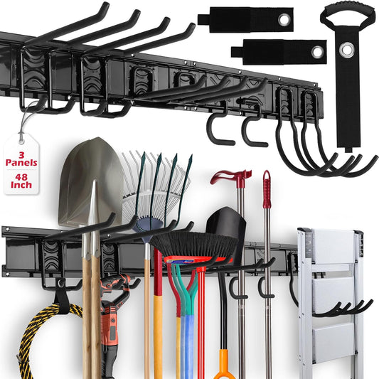 SEDY 48" Heavy Duty Garage Wall Organizer, Wall Mount Tool Storage Rack with Adjustable Hooks, Garden Tool Organizer Hold Up to 300lbs, Easy Installation (3 Panels, 8 Hooks, 3 Straps)
