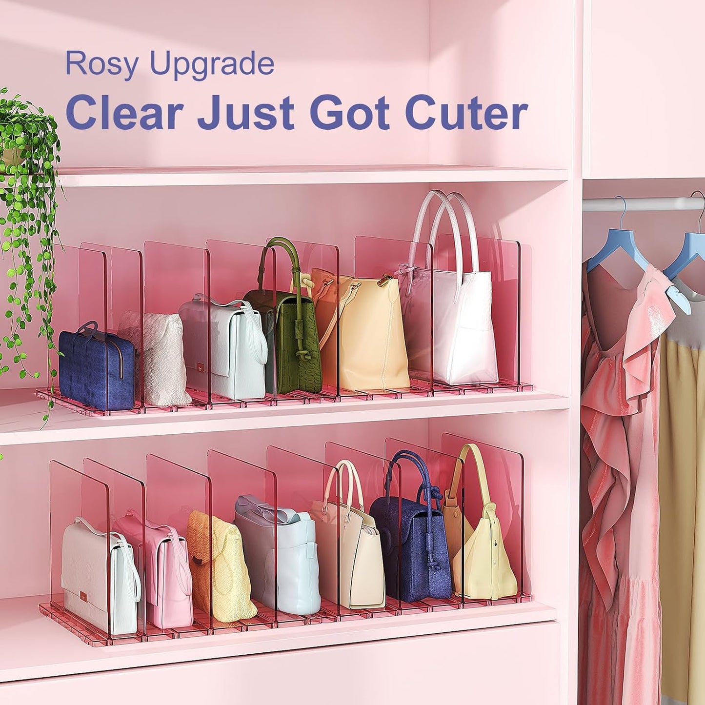 Purse Organizer for Closet: Shelf Dividers Adjustable Acrylic Bag Closet Organizers and Storage Pink 4 Bases 14 Shelves