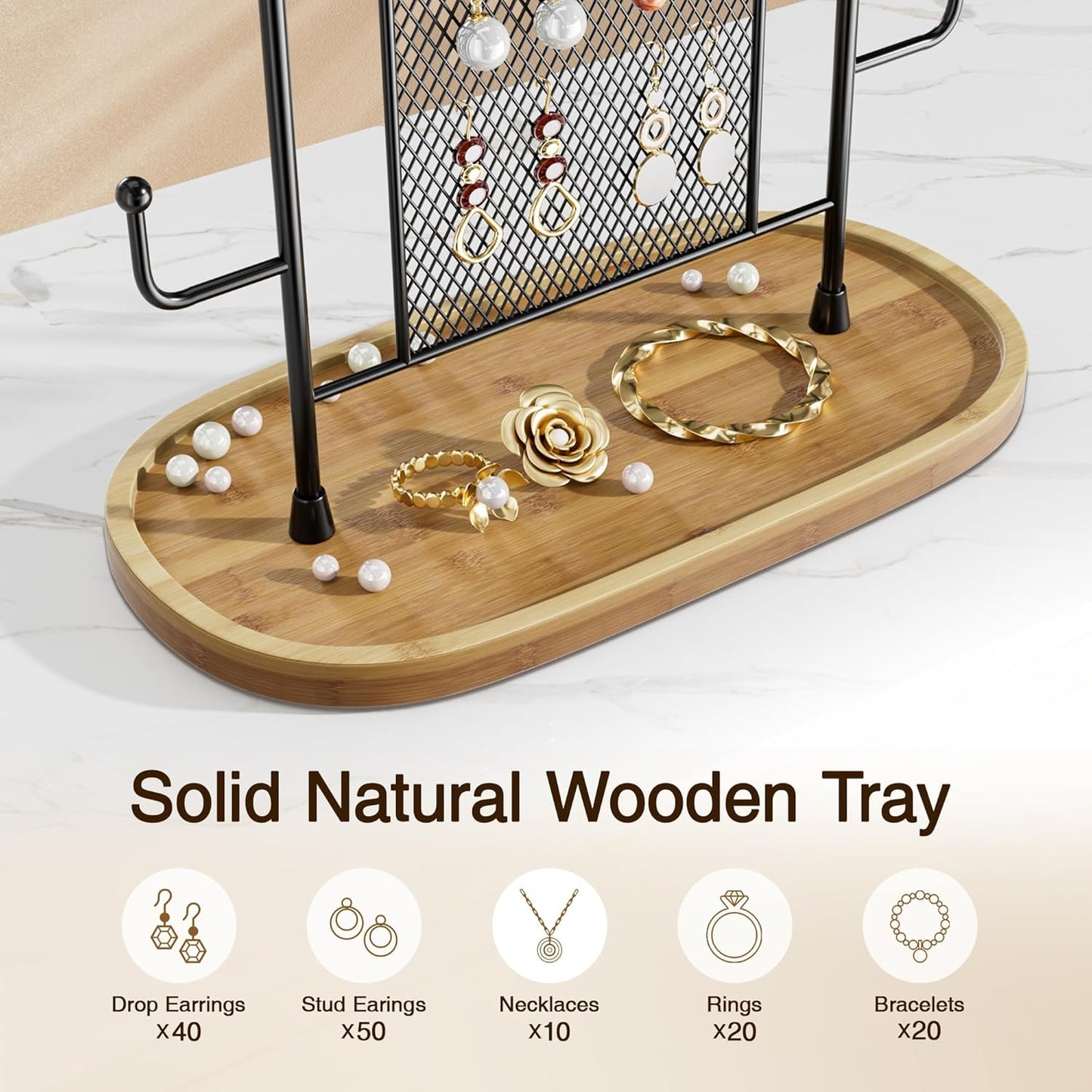 Jewelry Holder Organizer Earring Display - Stands Earring Storage Earring tree Hanger Jewelry Towers Rack with 6 Hooks 300 Stud Holes Wood Tray for Necklaces Bracelets Rings