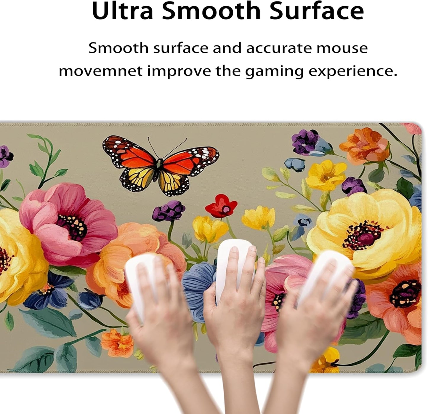 31.5”x11.8”Large Gaming Mouse Pad for Desk, Mouse Mat with Seamed Edges, Waterproof Desk Pad, Non-Slip Rubber Base, Keyboard Pad Computer Mat, Big XL Mousepad-Boho Floral with Butterflies