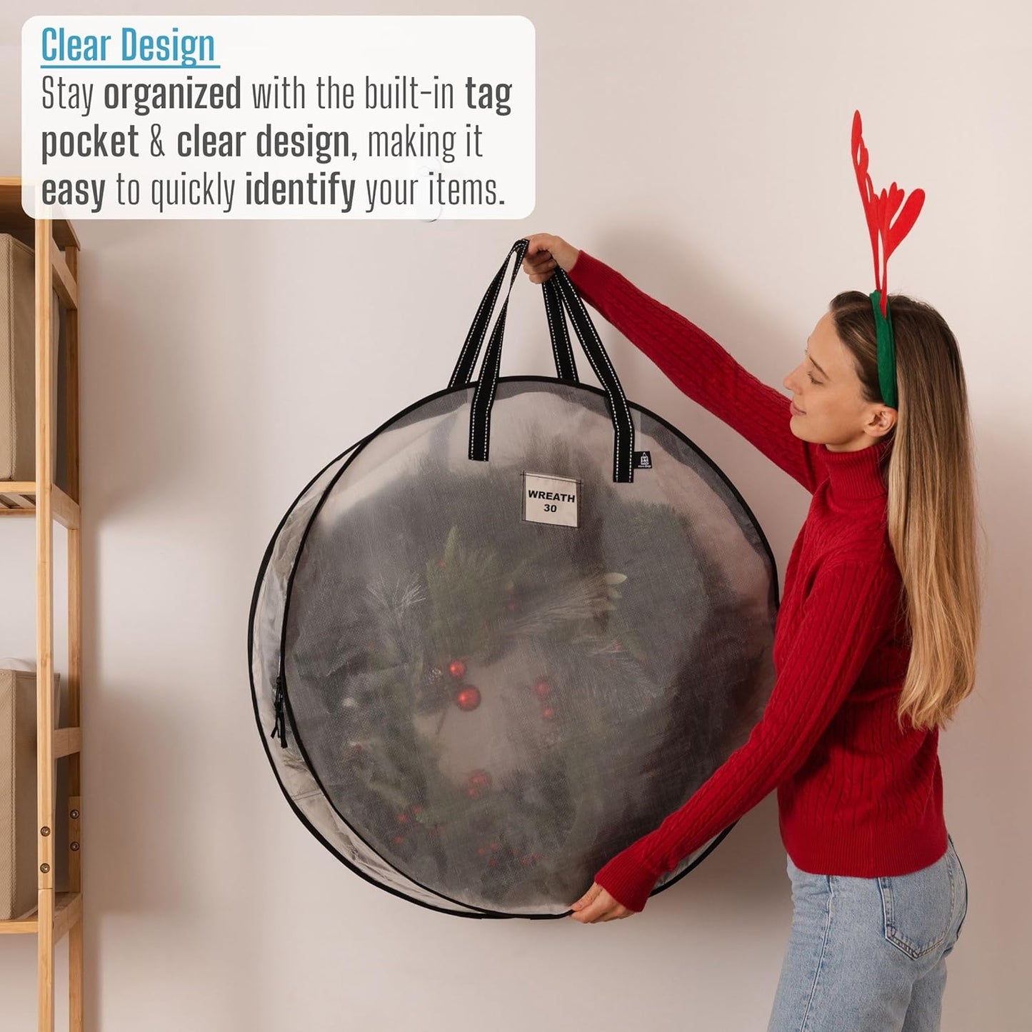VENO 2 Pack Christmas Wreath Storage Container - 30 Inch Clear Wreath Bag, Christmas Garland and Holiday Decoration Organizers with Zipper and Durable Handles (Clear, 30"-2 Pack)