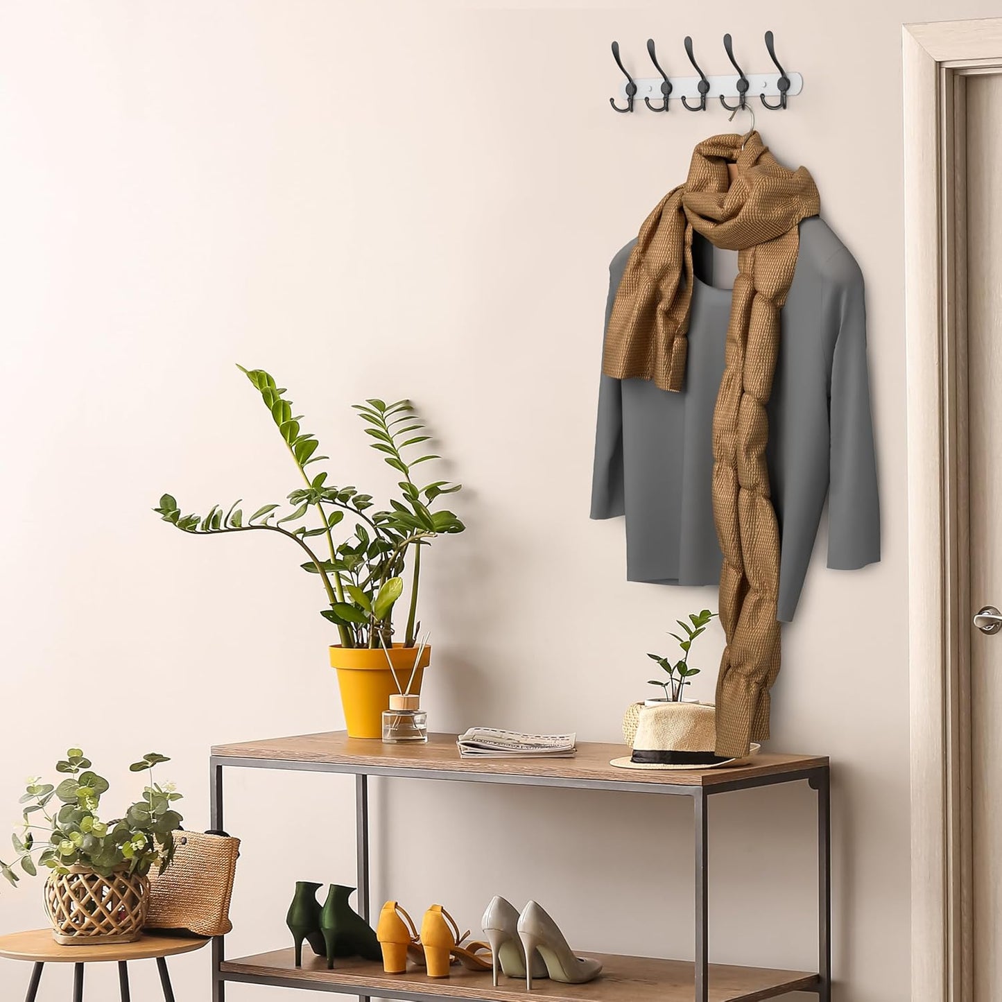 Coat Rack Wall Mount with 5 Tri Hooks, Stainless Steel 16 Inch – White & Black Matte Finish, Heavy Duty Wall Mounted Hook Rack for Coats, Hats, Towels, Scarfs, Robes, Bags, Entryway & Bathroom, 4 Pack