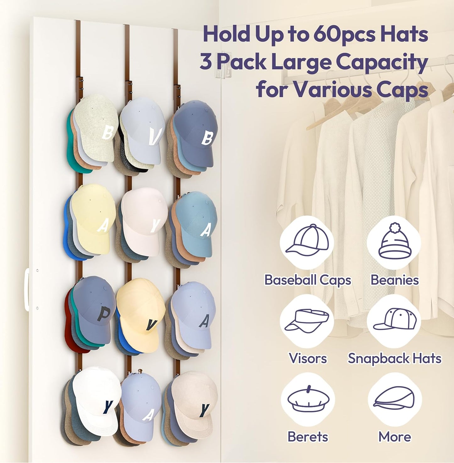 SWTYMIKI Over Door Hat Rack - 3 Packs Metal Hanging Hat Organizer with 12 Hooks Design, Baseball Cap Hanger Organizer Storage Holds up to 60 Caps for Door, Bedroom, Closet