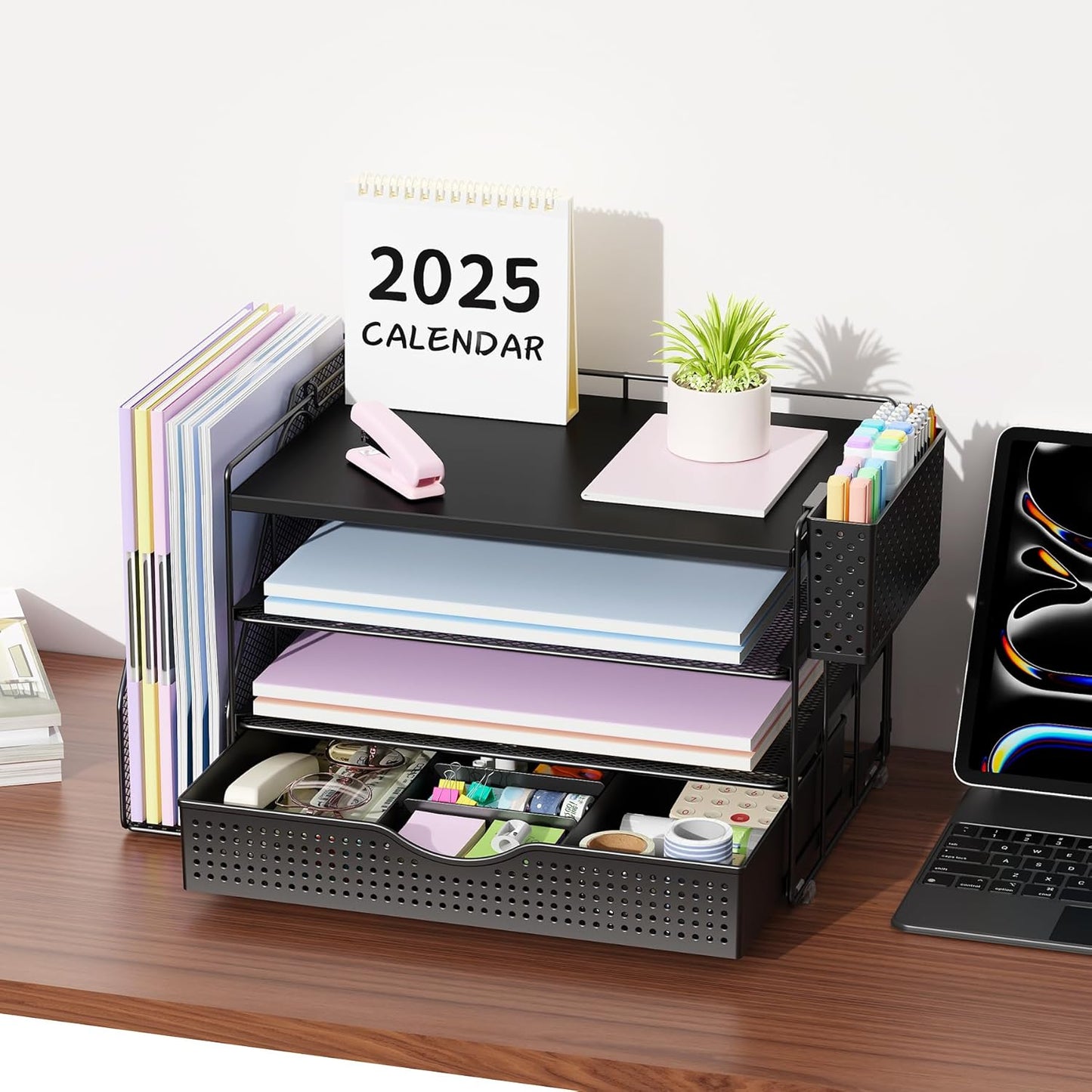 gianotter Wood Desk Organizers and Accessories with File Holder, 4-Tier Desk Accessories & Workspace Organizers with Drawer and Pen Holder, Paper Organizer for Office Supplies (Black)