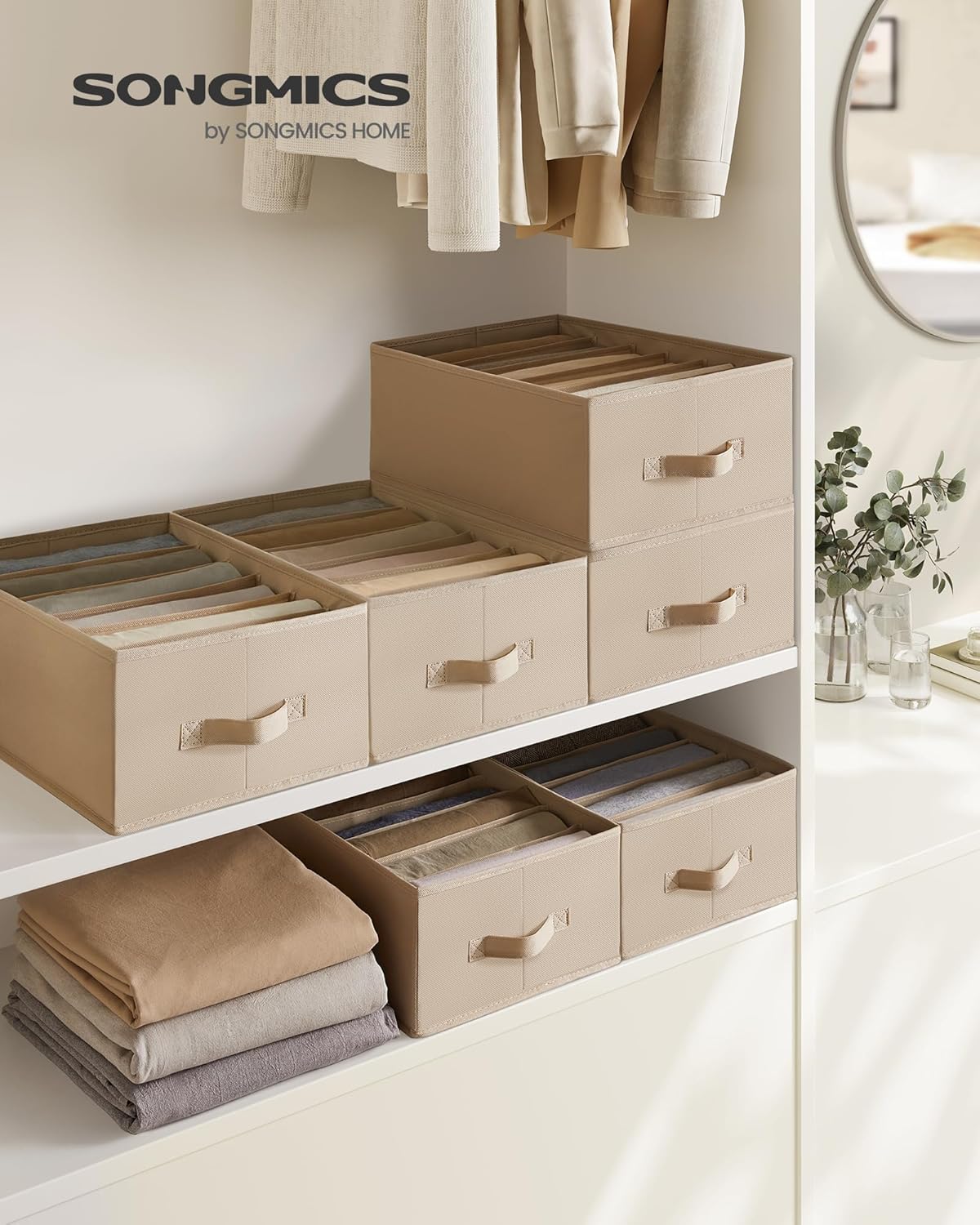 SONGMICS Set of 4 Large Size Wardrobe Clothes Organizers, 6-Compartment Foldable Drawer Organizers with Handles, 16.5 x 11.8 x 6.7 Inches, for Pants, Sweaters, Jeans, Sand Beige URUS009K01
