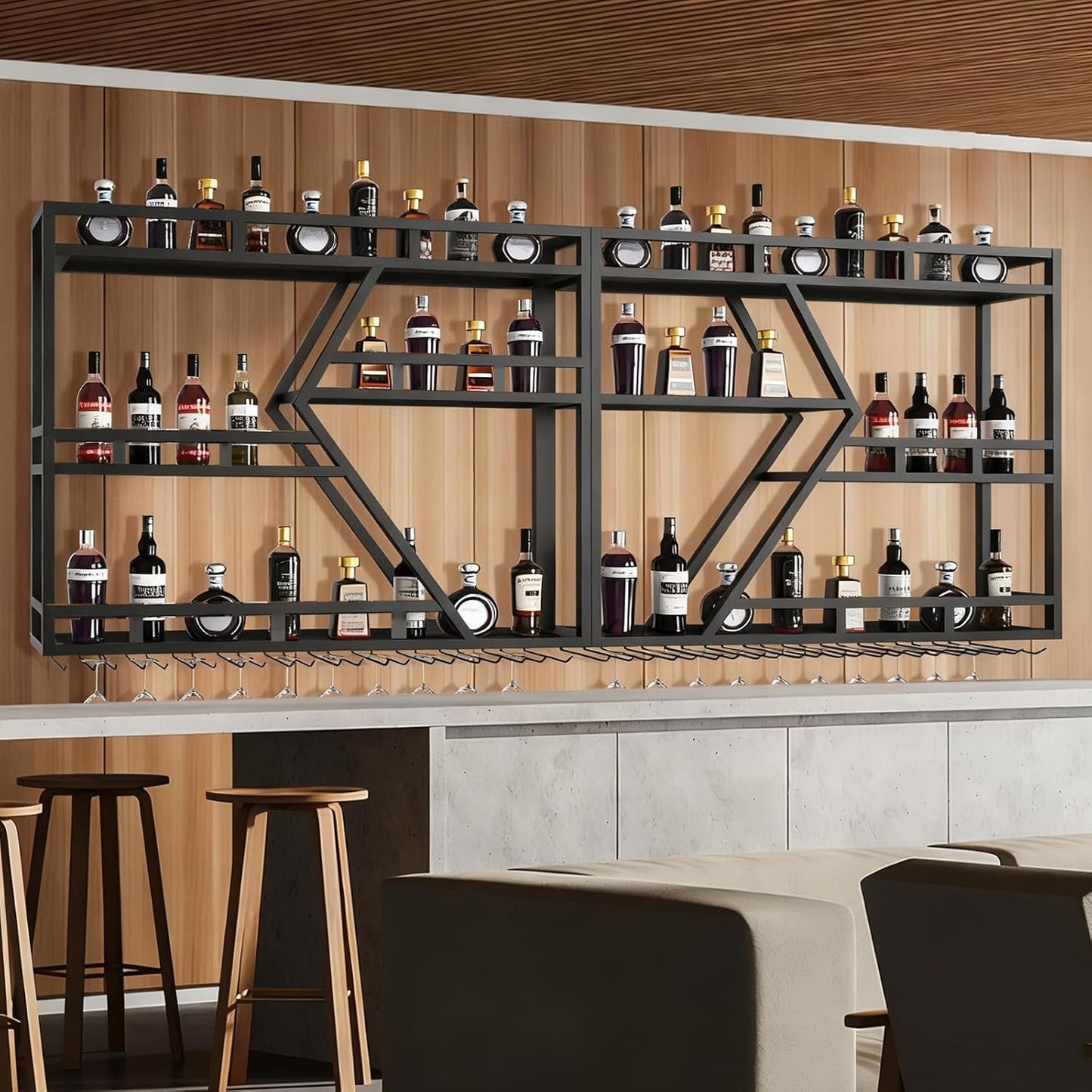 94.4in Wine Rack Wall Mounted, Modern Wine Storage Rack Wall Mounted with Wine Glass Holder, Liquor Shelf, Bar Shelves for Liquor Bottles (3TIERS Black, 94.48 * 7.87 * 33.85INCH)