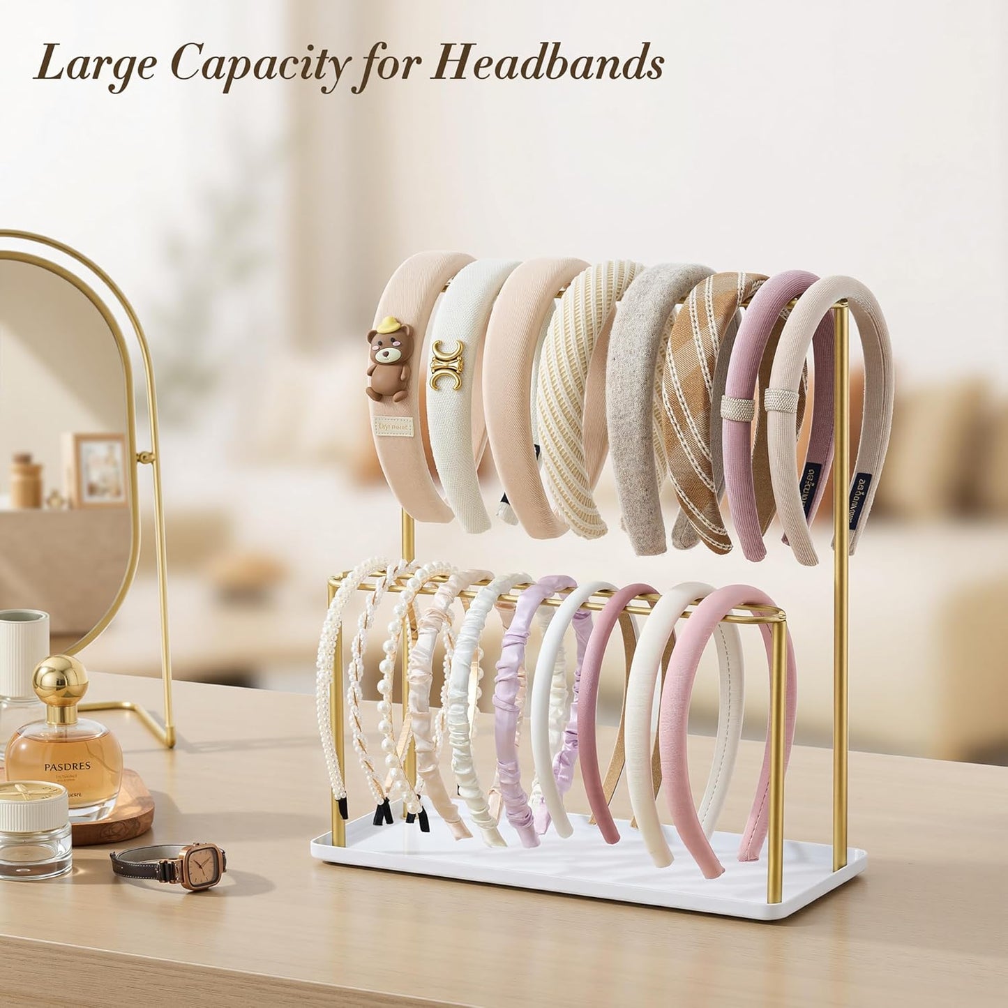 Headband Holder Organizer Metal 2-Tier with Tray: Hair Accessories Display Stand Storage Hairband Rack Necklace Stand Home Bedroom for Girls Women, Gold