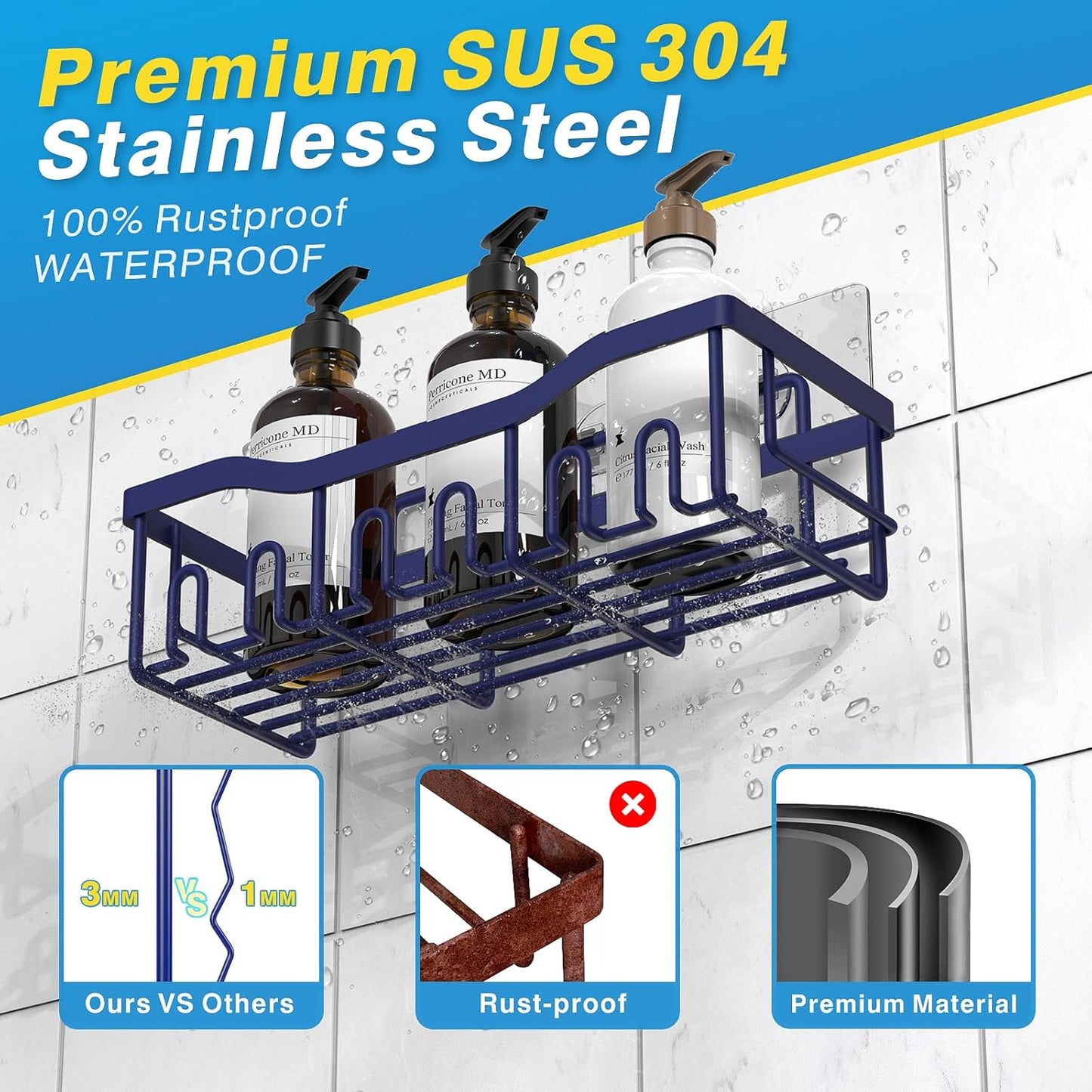 EUDELE 5-Pack Rustproof Stainless Steel Shower Caddy – No Drill Adhesive Bathroom Organizer with Large Capacity, Spacious Shower Shelves for Inside Shower, Kitchen & Home Decor Storage-XL Size