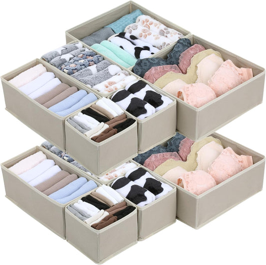 SHENLIU 12 Pack Foldable Cloth Storage Box, Drawer Organizer Clothes, Underwear Organizer, Closet Organizers and Storage Dresser Dividers for Clothes Underwear Bras Socks Lingerie Clothing, Beige