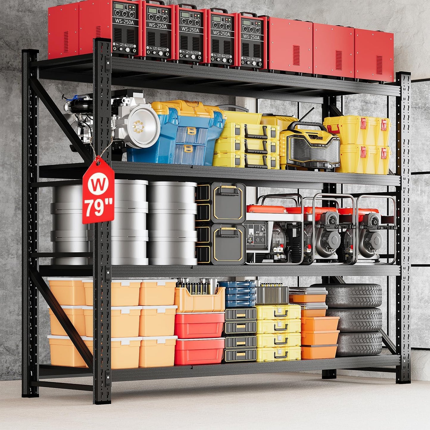 MIIIKO 79" W Storage Shelves,6800LBS Metal Garage Storage Shelving,Heavy Duty Adjustable Unit Storage Shelves for Warehouse,Basement,79" W x 24" D x 79" H,Black