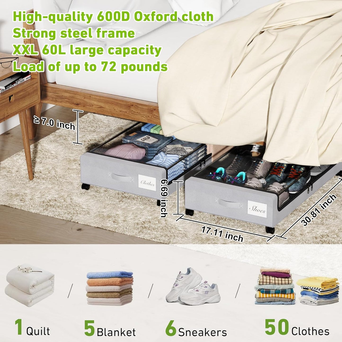 Under Bed Storage with Wheels, XXL 60L Under the Bed Storage Bins, Underbed Storage Containers with Lids & Label, Rolling Metal Drawer for Shoes, Clothes, Books, Toys (2-Pack Gray)