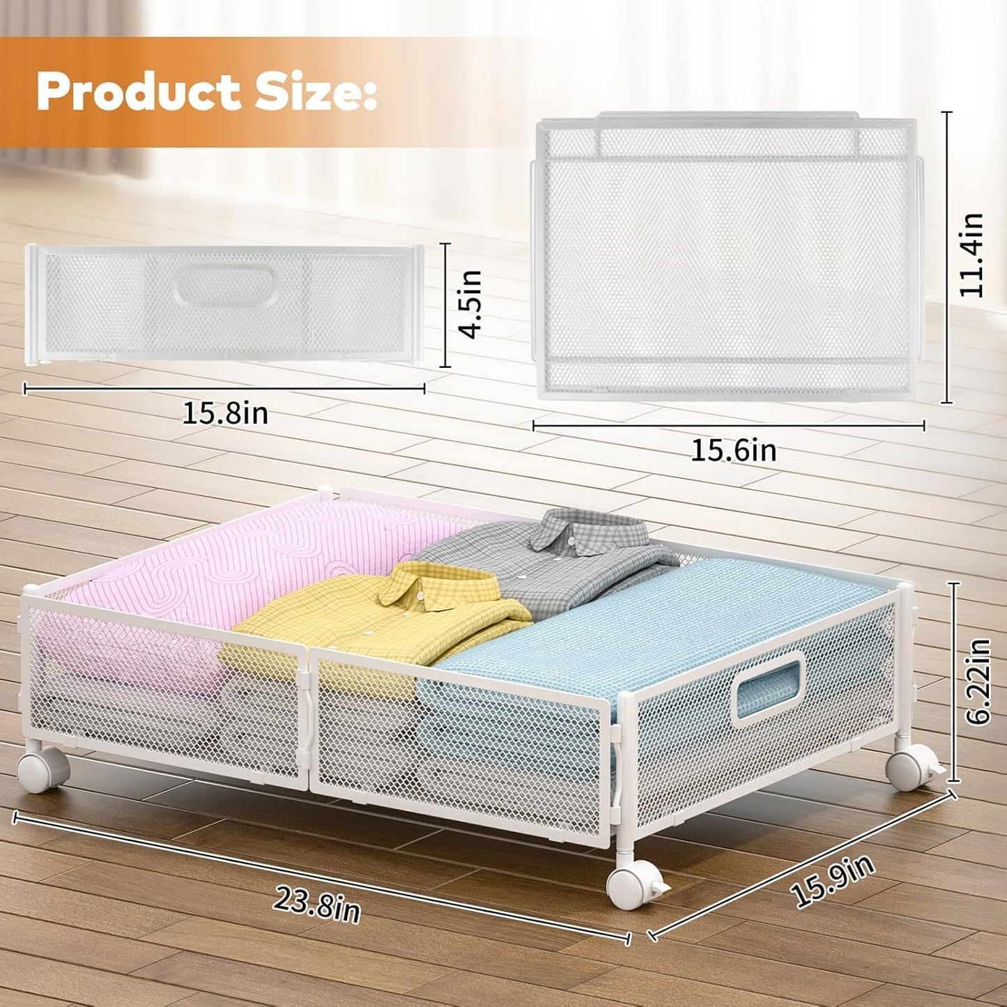 Under Bed Storage with Wheels, Rolling Under Bed Storage Bins for Shoes Clothes, Foldable and Easy Mobility (4 Pack, White)