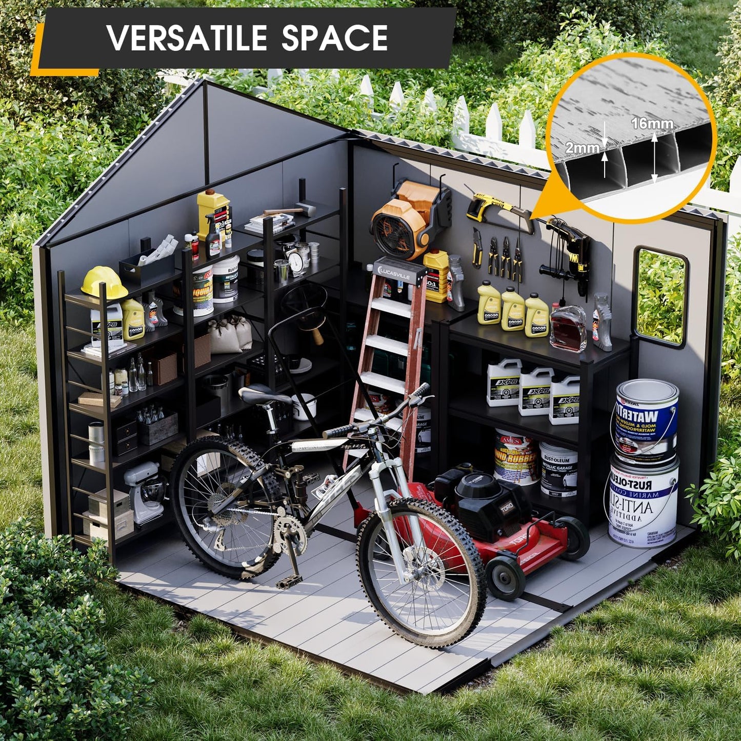 8 x 8 FT Plastic Storage Shed, All-Weather Resin Tool Shed with Windows, Lockable Doors & Floor, Outdoor Garden Shed for Poolside, Backyard, Patio