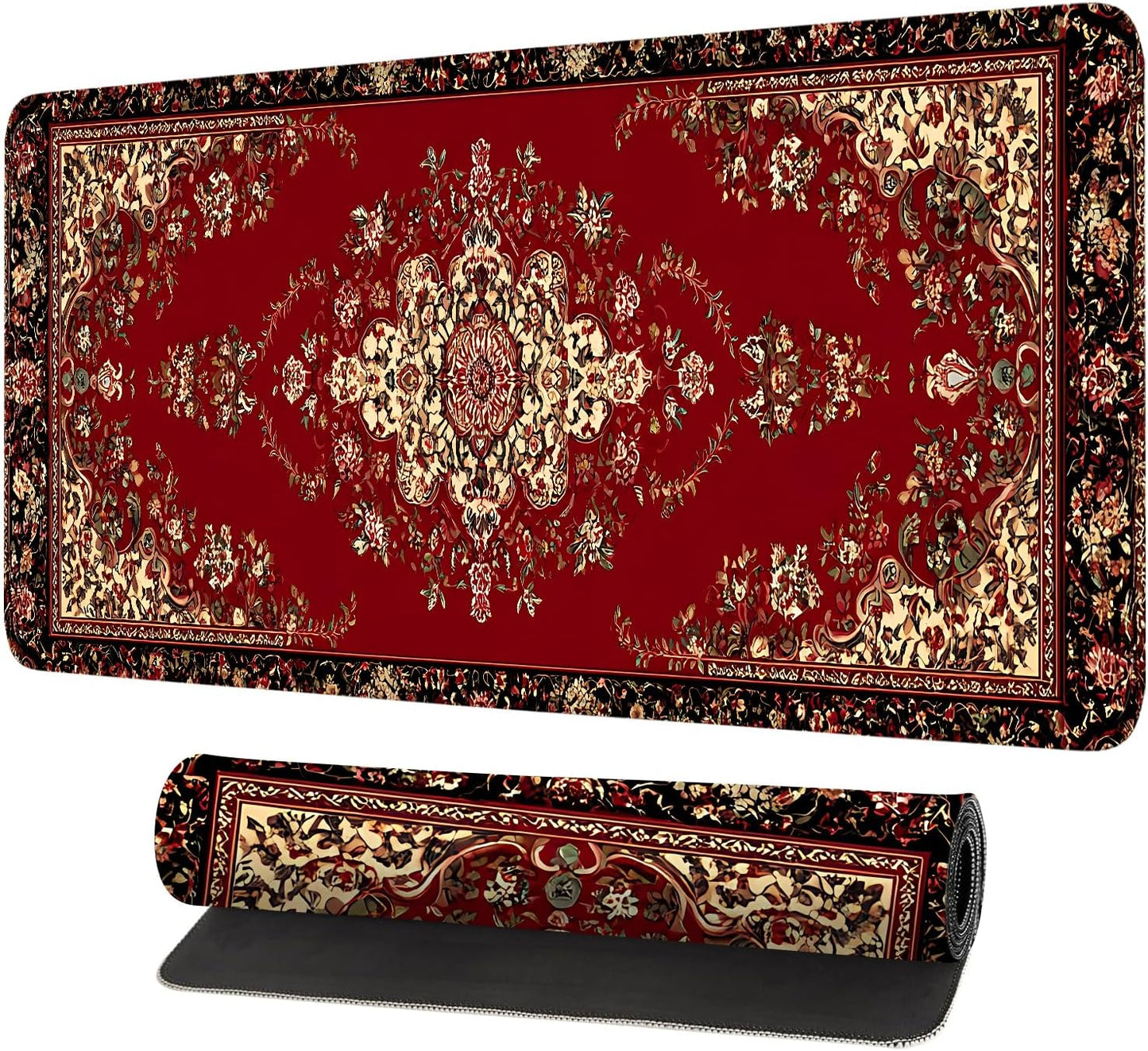 Red Vintage Persian Rug Mouse Pad – Large Extended Desk Mat 31.5 x 11.8 in– Oriental Carpet Design, Non-Slip Rubber Base, Waterproof Surface, Keyboard & Mouse Pad for Office, Gaming, Home