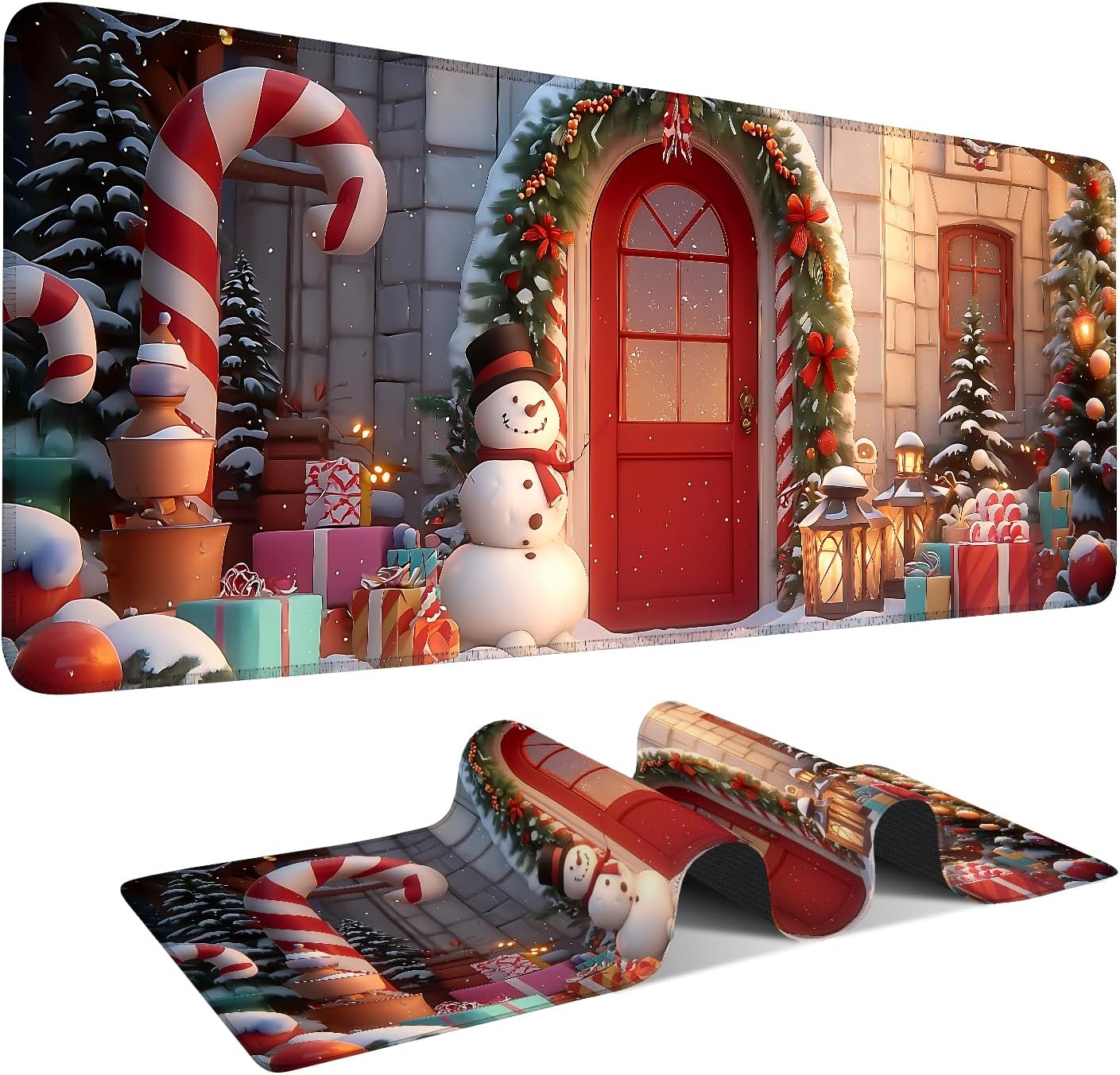 Christmas Scene Gaming Mouse Pad 31.5"x11.8"Desk Mat Anti-Slip Rubber Base & Durable Stitched Edges for Gamers Smooth Mouse Writing Surface for Desk Office/Home