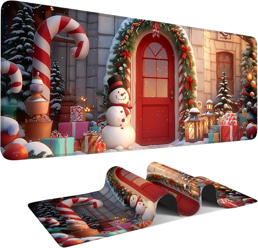 Christmas Scene Gaming Mouse Pad 31.5"x11.8"Desk Mat Anti-Slip Rubber Base & Durable Stitched Edges for Gamers Smooth Mouse Writing Surface for Desk Office/Home