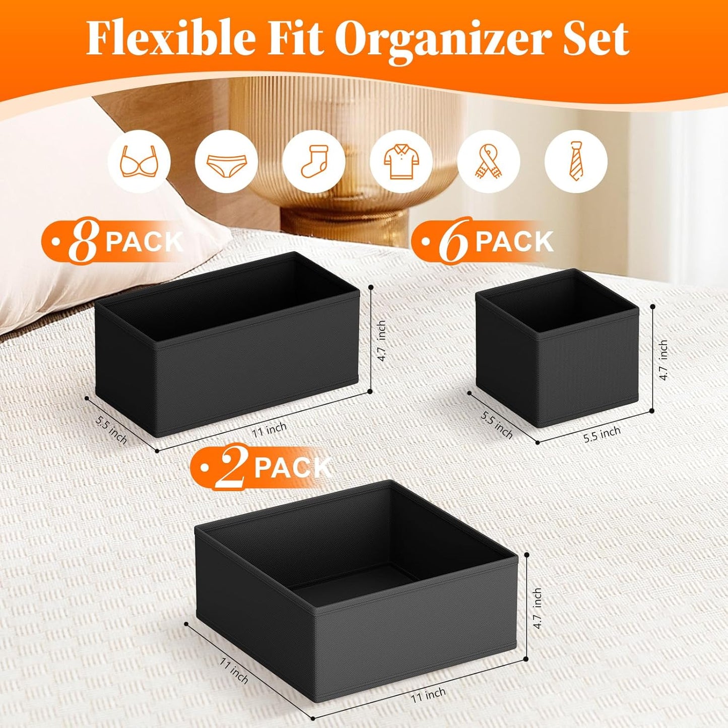 Drawer Organizer Clothes, 16 Pack Drawer Organizers and Underwear Organizer for Nursery, Dividers Clothes Organizer, Closet Organization and Foldable Storage Bins for Sock, Bra, Tie, Black