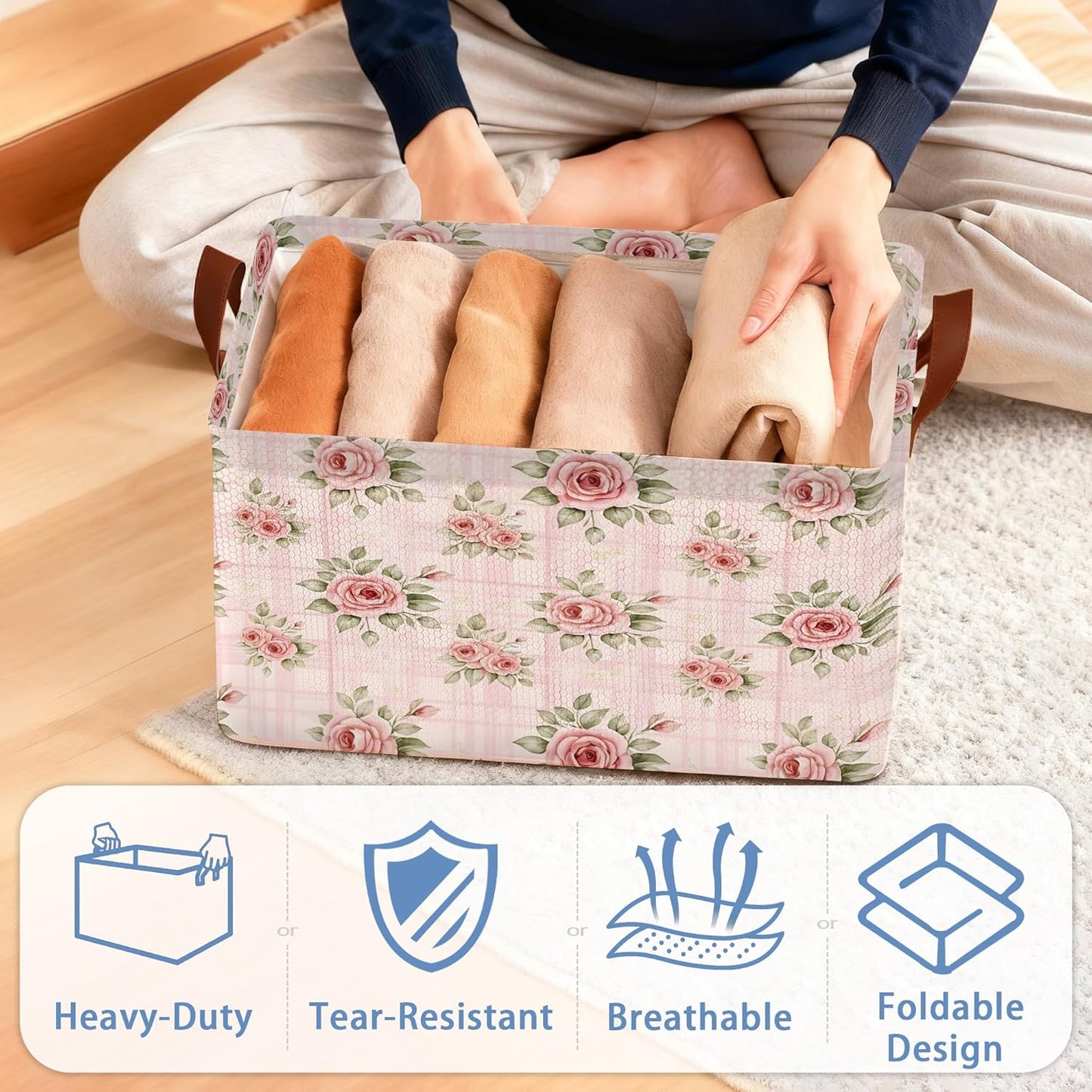 Vintage Pink Rose Storage Baskets,Foldable Large Capacity Organizer Bins with Waterproof Lining and Leather Handles for Closet,Shelf,Bedroom 17x11.5x10Inch