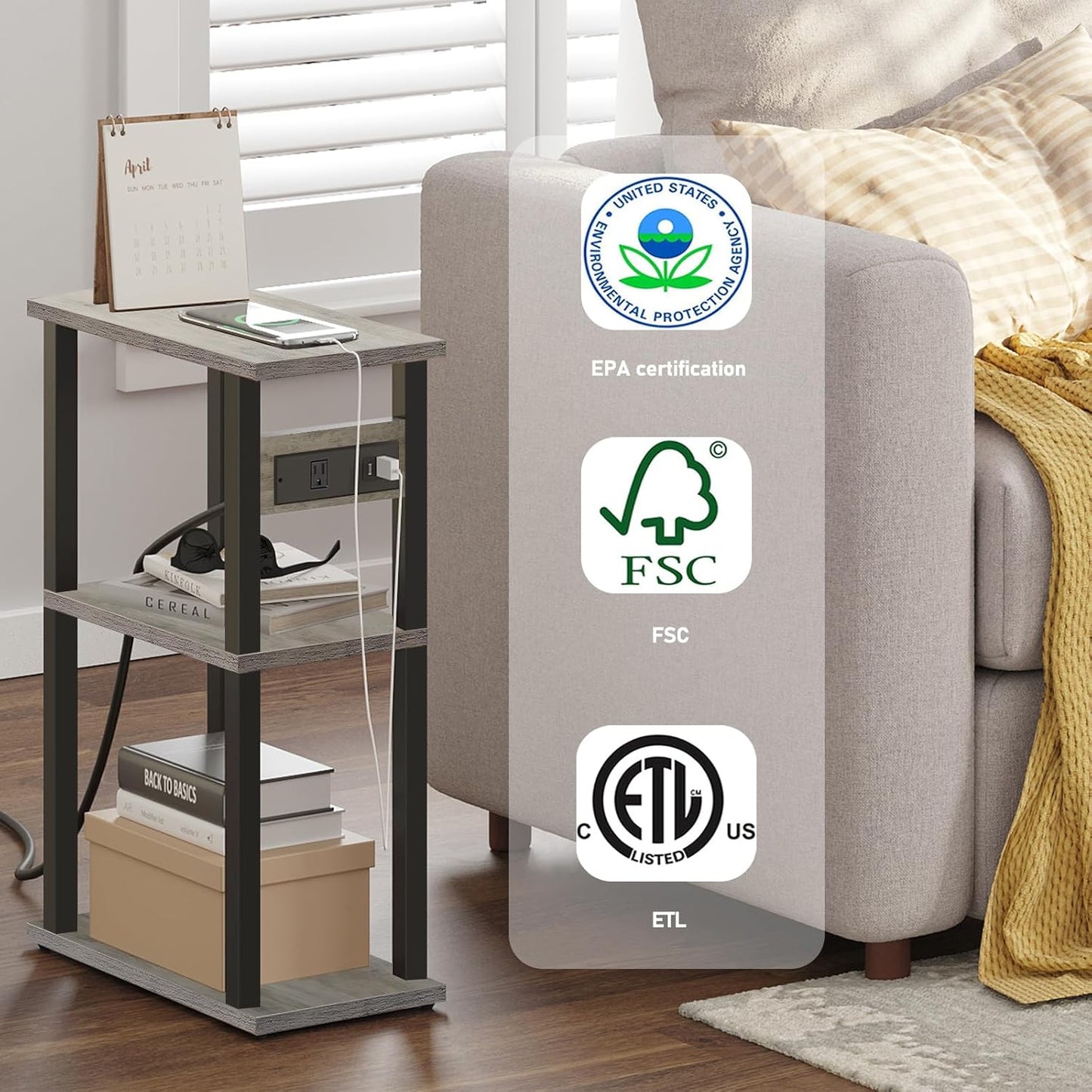 TUTOTAK Small Narrow Side Table with Charging Station, Skinny End Table for Small Spaces, Slim Nightstand with USB Ports and Outlet, Sofa Beside Table with Wheels, Greige TB01BG046