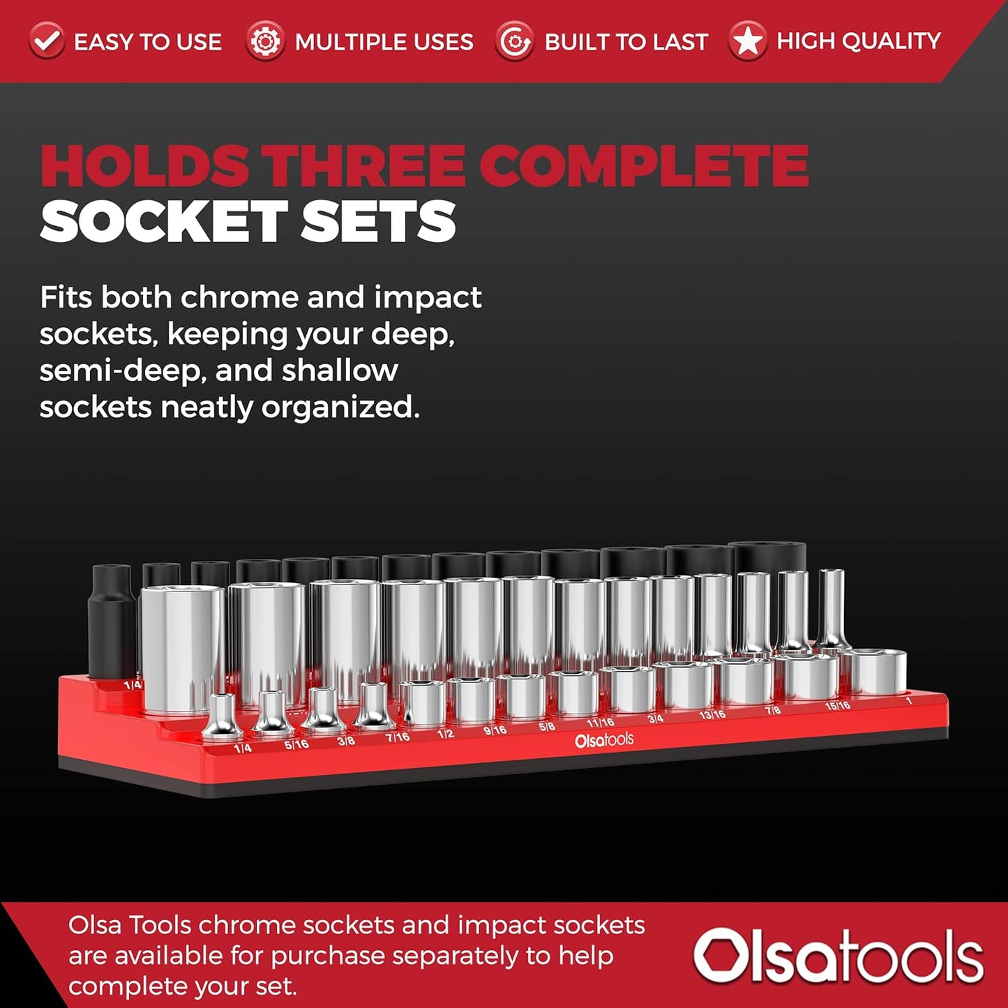 Olsa Tools Magnetic Socket Organizer (3/8-Inch Drive, 3 Row) - Magnetic Tool Organizer & Holder - SAE Red - Holds 39 Sockets - Professional Grade - Part: 1547