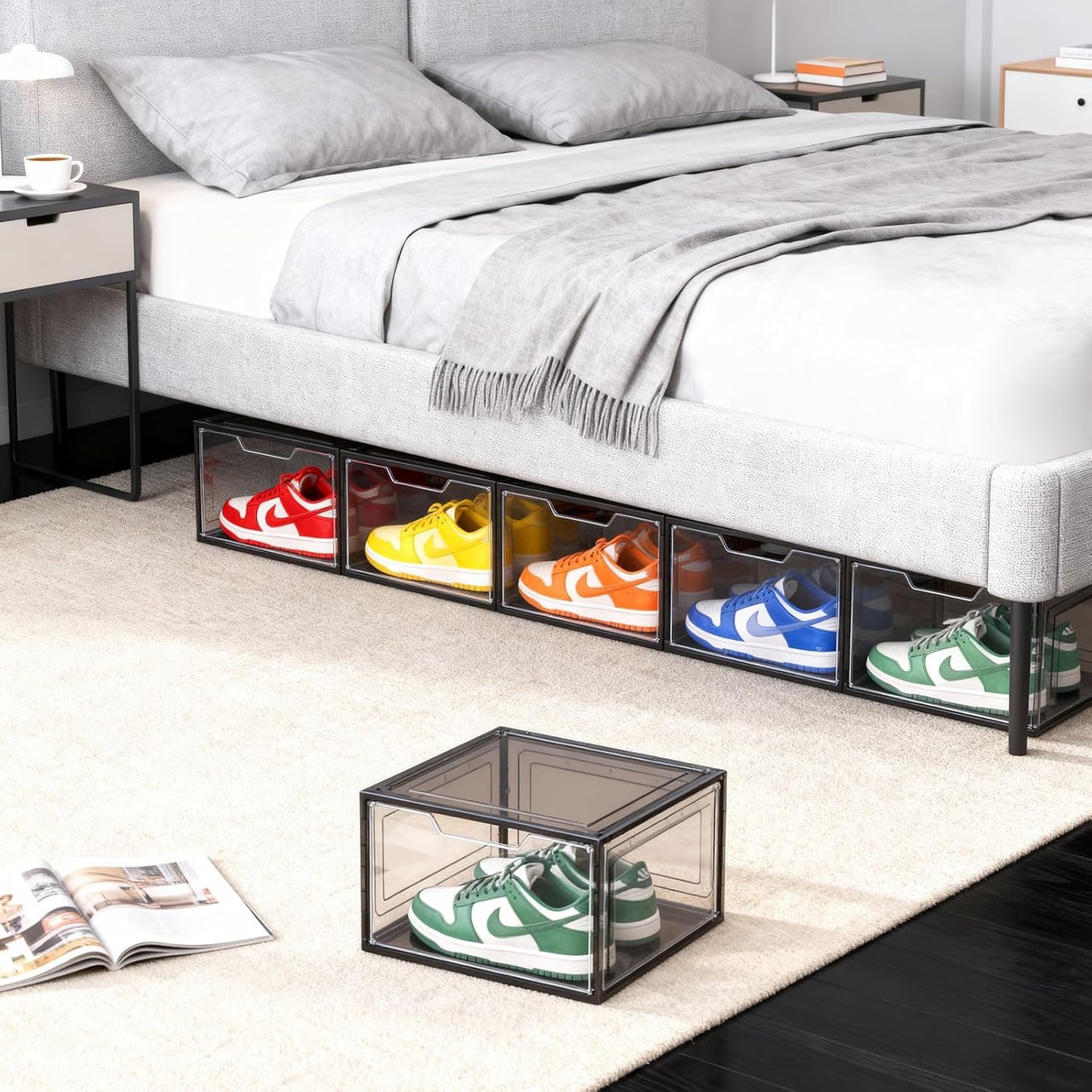Shoe Boxes Shoe Storage Boxes Display Boxes with Magnetic Doors and Stackable Design, Ideal for Hallways, Under Beds, Wardrobes, and Living Rooms (Magnetic Door-Black, 6 Pack)