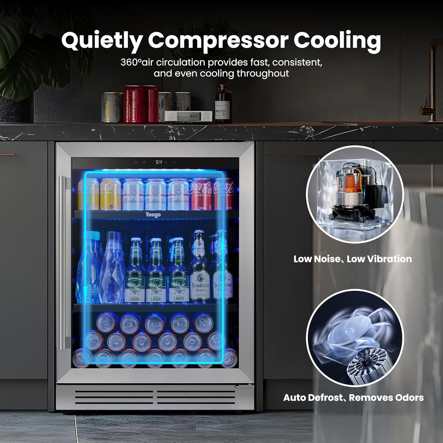 Yeego Beverage Refrigerator Cooler - 24 inch 180 Cans Mini Fridge with Glass Door, 34-54 ℉ Under Counter Refrigerator Built-in for Wine Beer Soda for Bar Bedroom Office