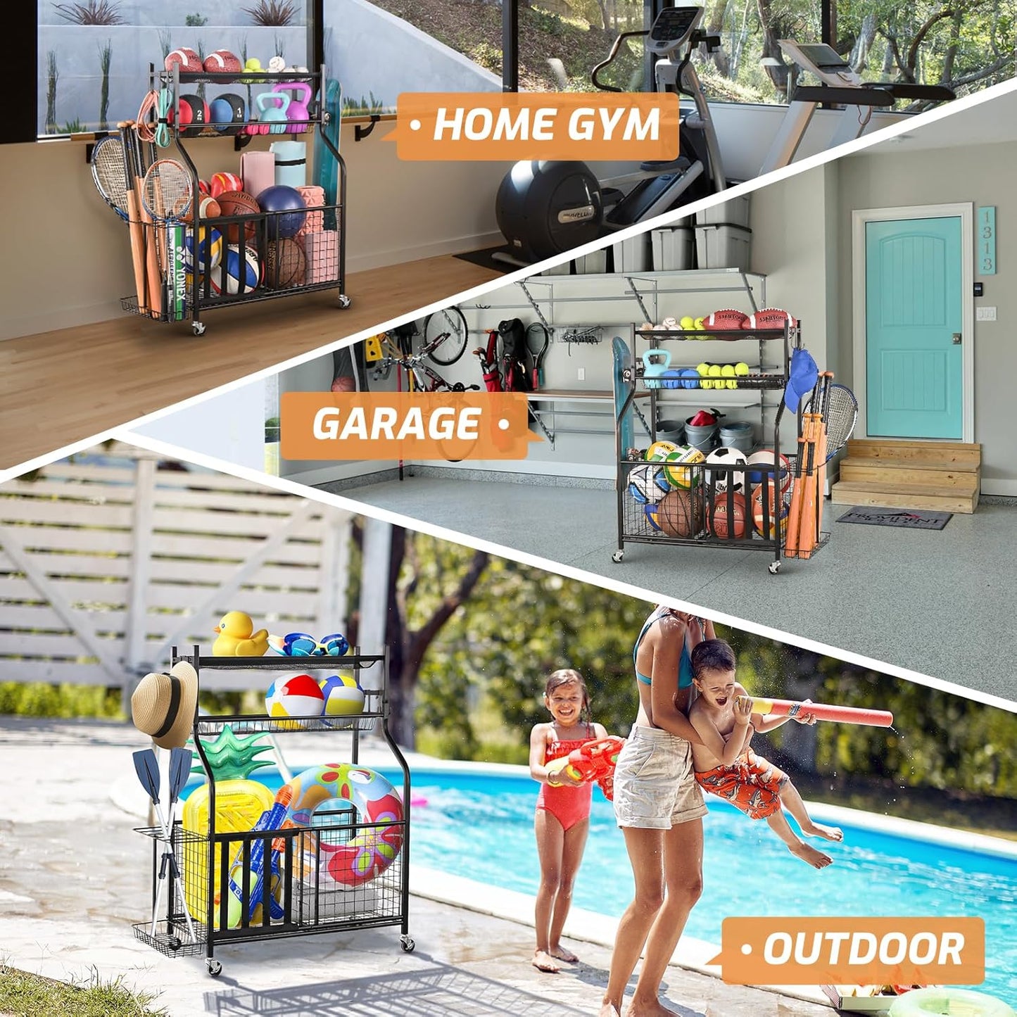 PLKOW Sports Equipment Organizer - Garage Storage Rack with Basket and Hooks, Ball Storage, Toy and Gear Organizer, Black