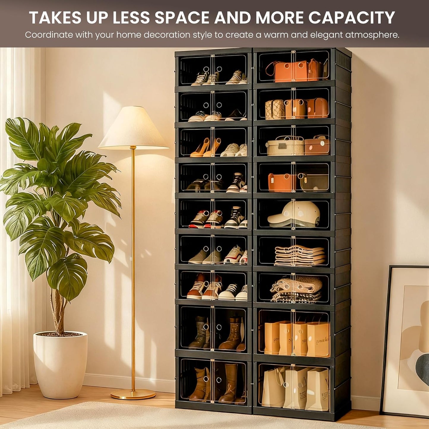 Foldable Shoe Organizer Storage Box, Portable Extra Large Folding Shoe Rack for Closet, Shoe Storage Box with Magnetic Transparent Door and Wheels, 9 Layers 18 Grids with 4 Big Grids