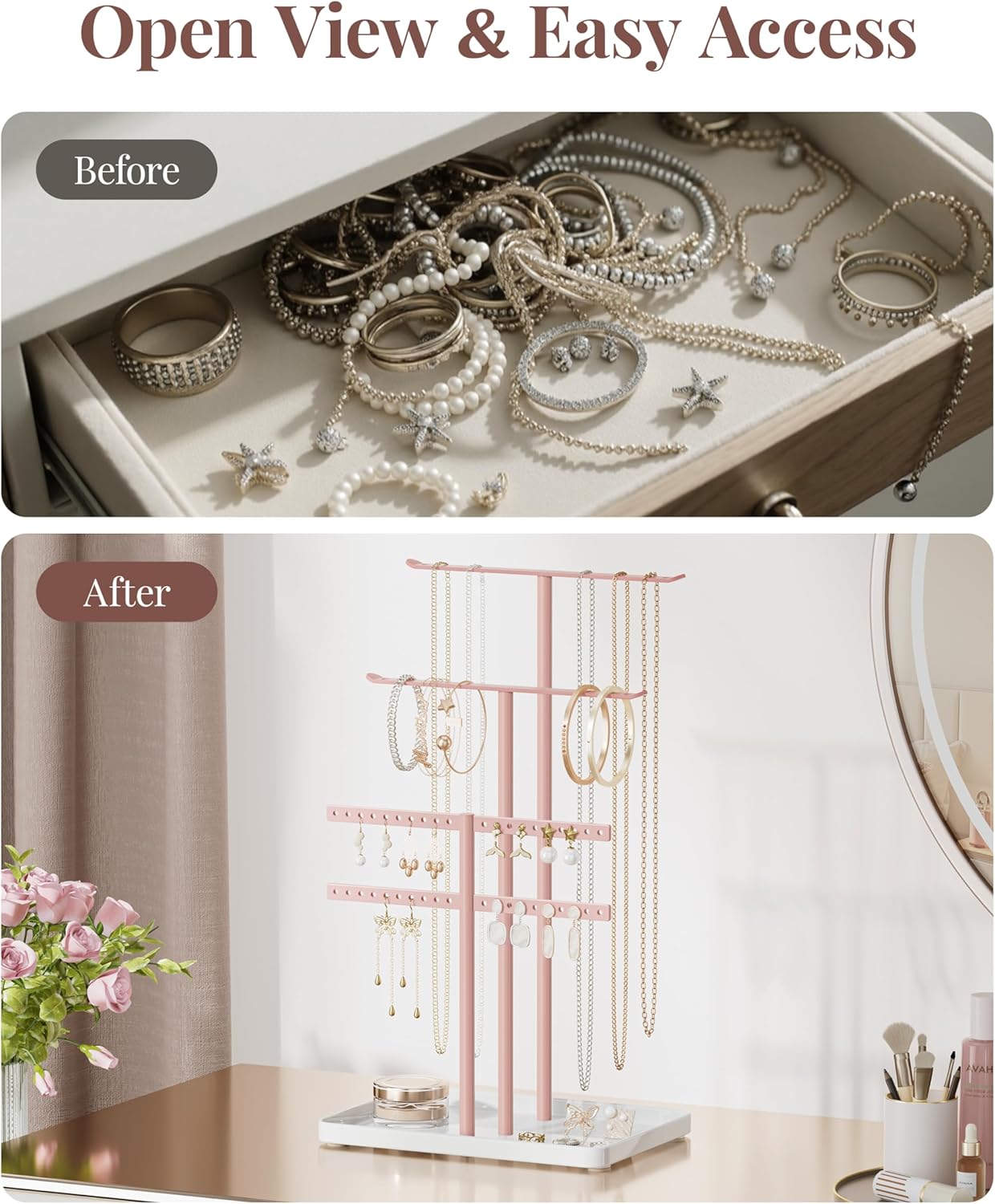 pickpiff Jewelry Stand Holder Organizer: 14.5" Sturdy Hanger for 80 Pcs Jewelry, Pink Jewlery Tower for Display Necklace, Earring, Bracelet, Watch