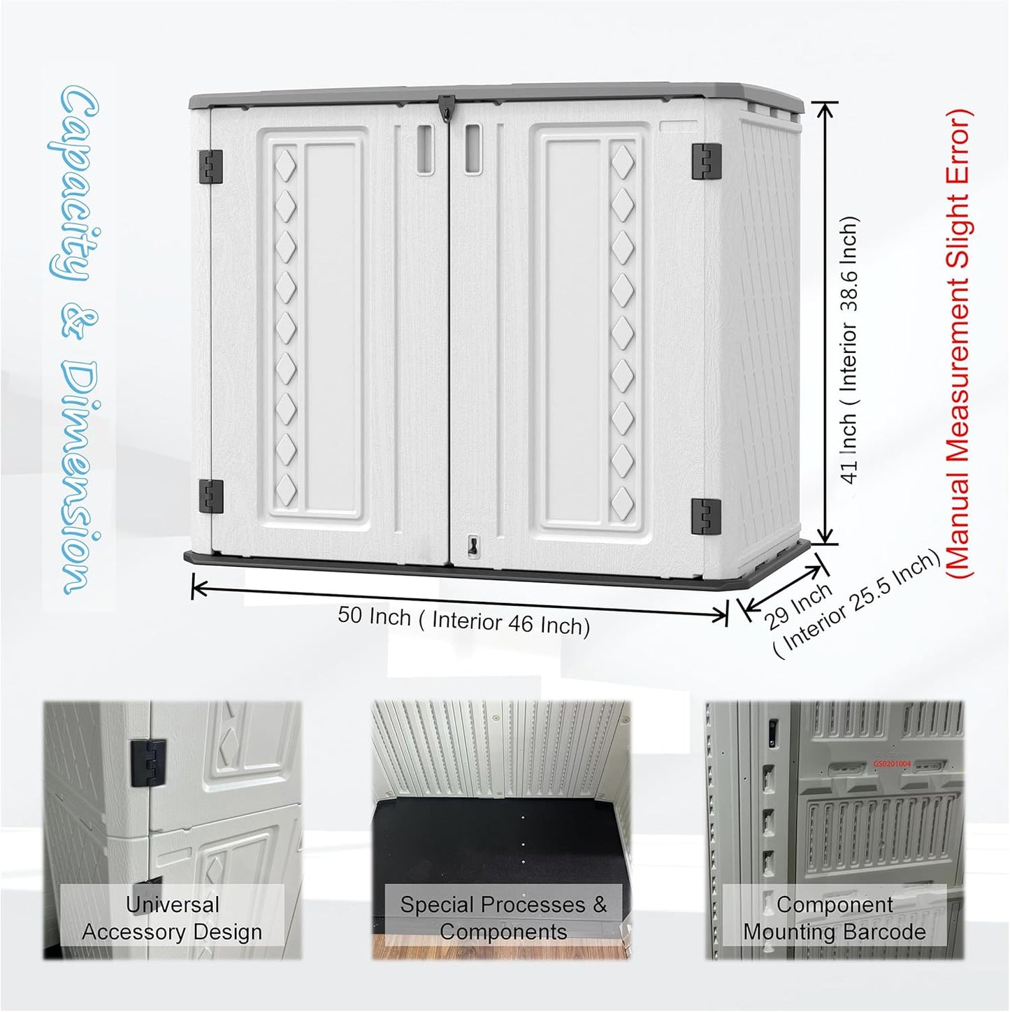 Horizontal Outdoor Storage Shed, 34 Cu.ft Outdoor Storage Cabinet Waterproof for Garden/Backyard/Home/Pool, Lockable (Off White)