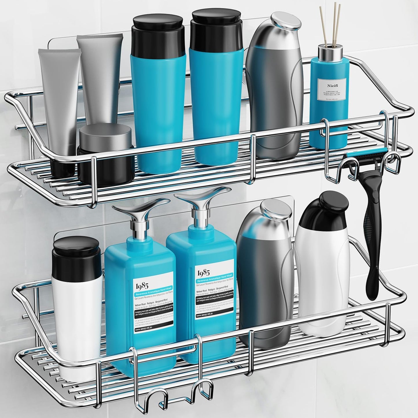 Nieifi Shower Caddy Shelf with Hooks Storage Rack Organizer Adhesive Stainless Steel without Drilling for Bathroom, Lavatory, Washroom, Restroom, Shower, Toilet, Kitchen (Sliver, 3 Pack)