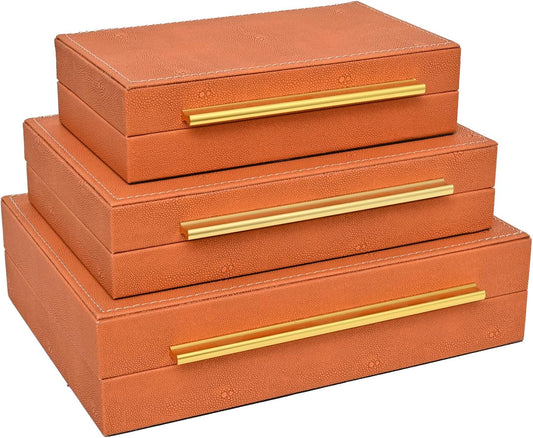 Faux Shagreen Leather Jewelry Storage Boxes Set of 3 with Gold Handles, Velvet Lined Stackable Organizer for Women, Vanity, Dresser, Gift, Burnt Orange