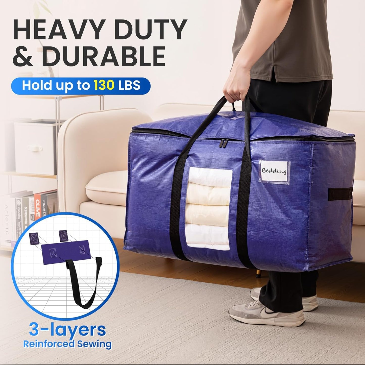 TAILI 10 Pack Dark Blue Extra Large Moving Bags, Heavy Duty Totes with Visible Window, Wrap Around Handles, Great for Space-Saving