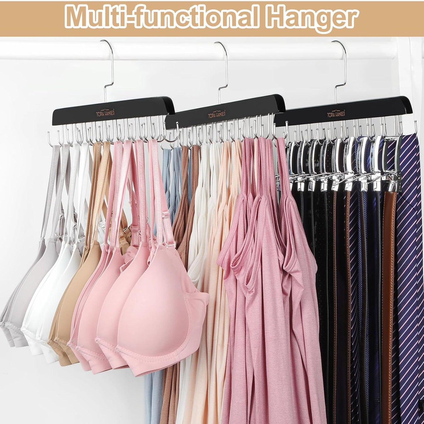 TOPIA HANGER Bra Hanger for Closet, 2 Pack Tank Top Hangers 40 Hooks Capacity Foldable Wood Space Saving Hangers Closet Organizer for Tank Top, Bra, Scarf, Belt, Tie etc - CT46B-2
