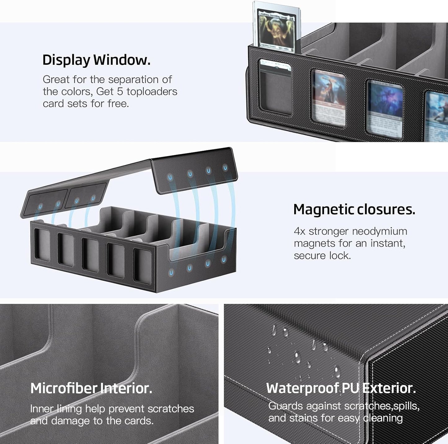 Trading Card Storage Box 5-Row 3900+ Capacity,TCG MTG Card Case with Magnetic Lid & Commander Display,Top Loader Storage for Sports Cards,Includes Dividers Dice Box