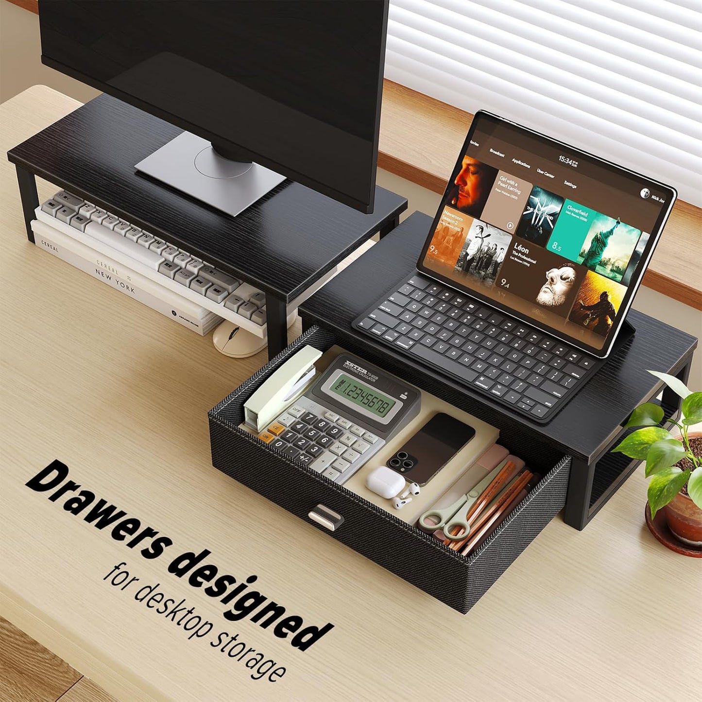 WOHOMO Dual Monitor Stand Riser with Drawers, Wood Desk Organizers for 2 Monitors, Desktop Storage Stand for Computer, Laptop, Black