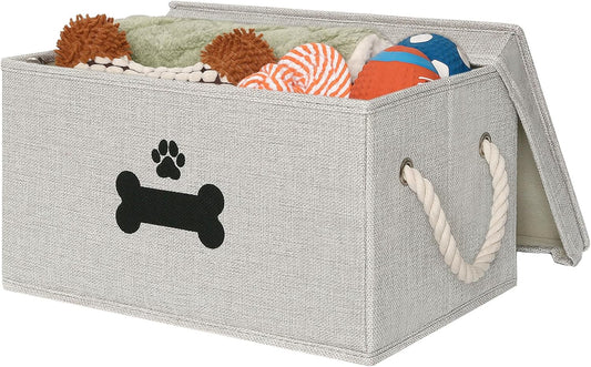 Dog Toy Basket with Lid, Dog Basket for Toys, Dogs Toy Box with Cotton Rope Handles, Collapsible Storage Bins for Pet Toys, Dogs Storage Organizer, Gray