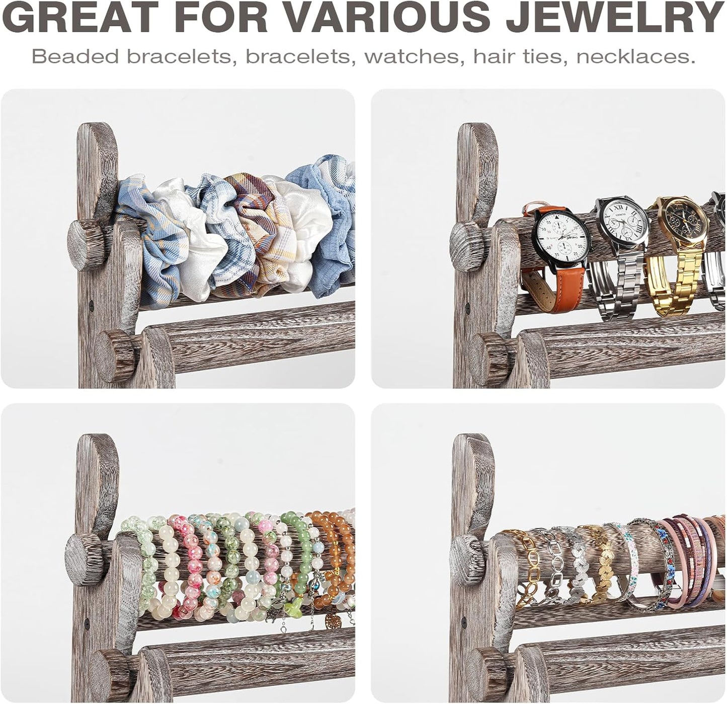 TOPNEW 5 Tier Wooden Bracelet Holder,Scrunchie Bangle Watch Necklace Display Storage Jewelry Holder Stand Display Organizer,Antique White