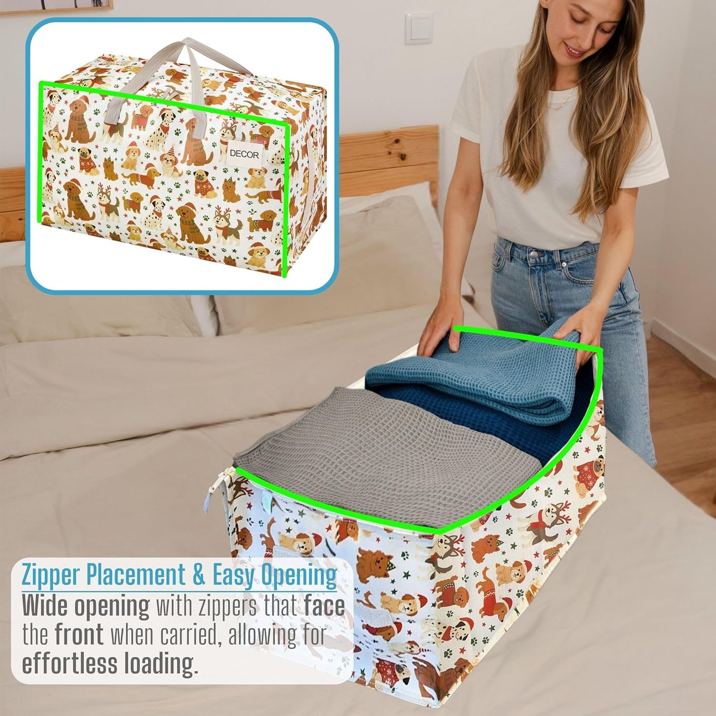 VENO 4 Pack Moving Bags and Large Christmas Decoration Storage Bins with lids. Alternative to Moving Boxes, Packing Supplies for College. Heavy Duty Totes (Holiday Pups, 4 Pack)