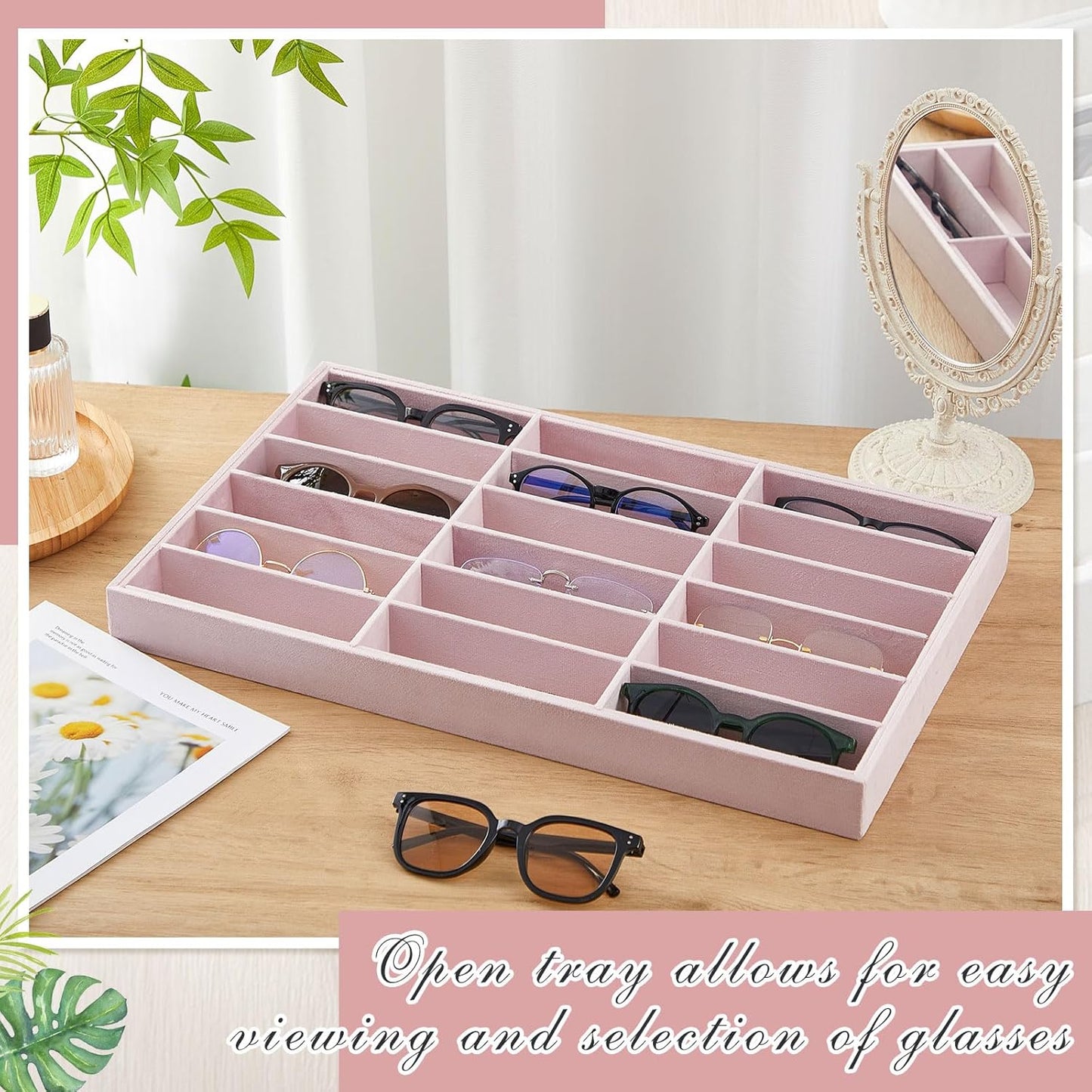 Amylove 2 Pcs Sunglass Organizer Trays Glasses Stackable Jewelry Trays Sunglass Organizer Display Box (18 Grids,Pink)