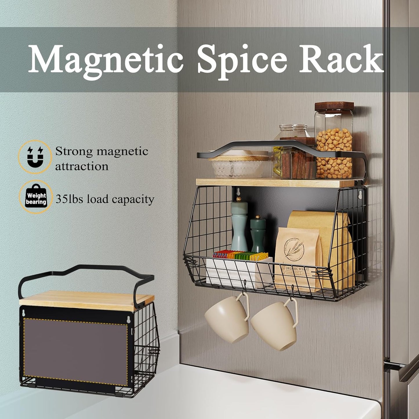 Magnetic Shelf for Fridge with Wood Lid, Fruit Potato and Onion Storage Bins, Magnetic Spice Rack for Refrigerator Large Container Wire Basket for Refrigerator, Kitchen Counter, Cabinet