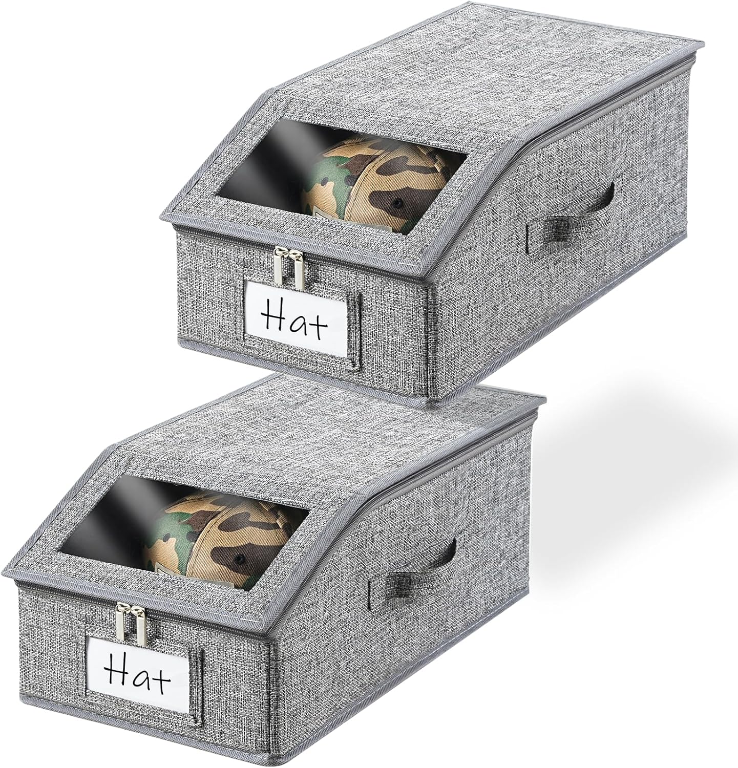 2 Pack Grey Hat Organizer for Baseball Cap, Hat Storage for Closet with Clear Window, Breathable Fabric Hat Box for Snacks, Toys, Socks, Stackable Hat Storage Organizer for Men/Women