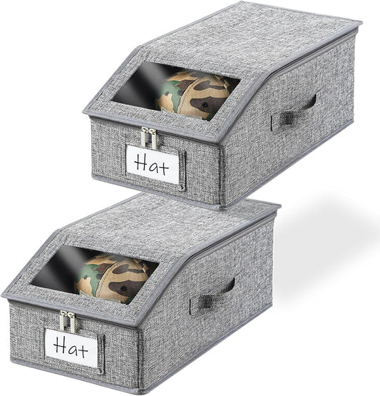 2 Pack Grey Hat Organizer for Baseball Cap, Hat Storage for Closet with Clear Window, Breathable Fabric Hat Box for Snacks, Toys, Socks, Stackable Hat Storage Organizer for Men/Women