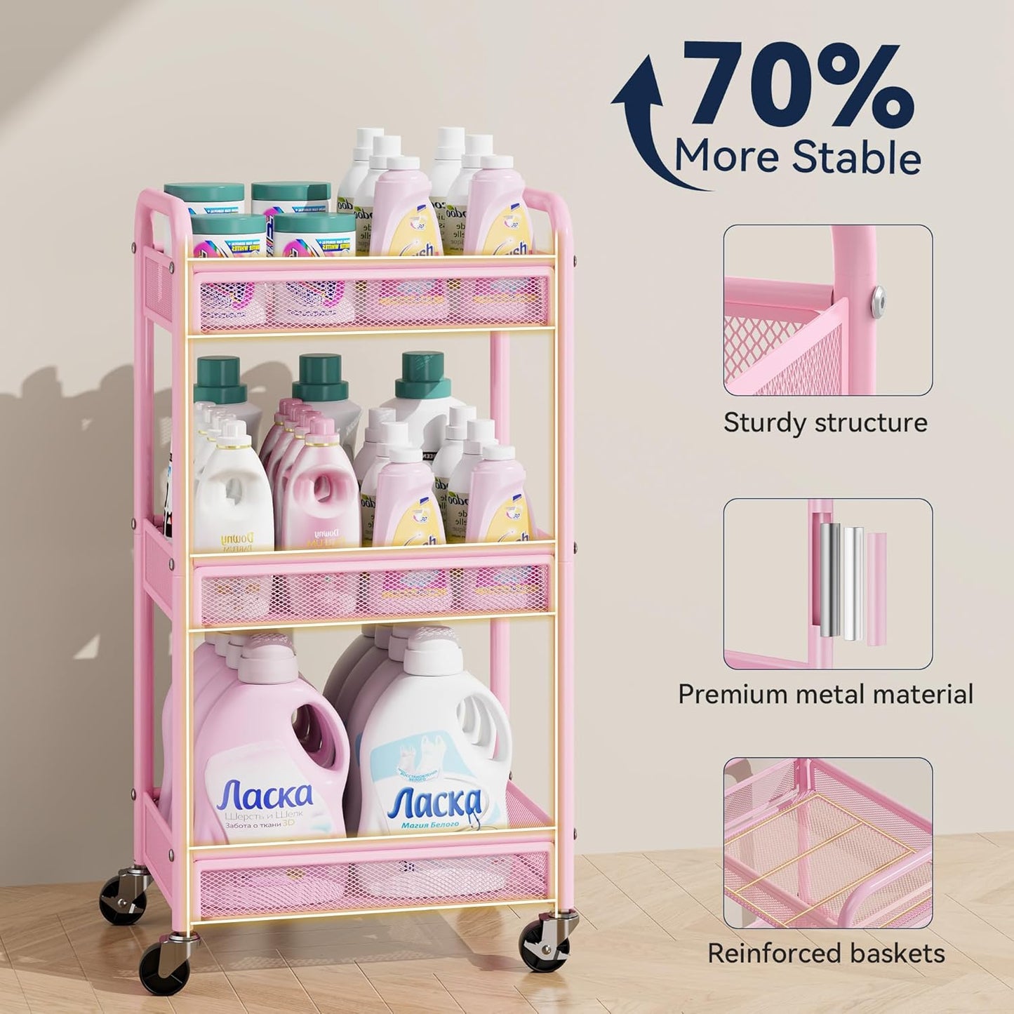 YASONIC 3 Tier Rolling Cart – Metal Utility Storage Cart with Wheels, Craft Cart Organizer with Hanging Cups, Hooks, Mesh Basket for Bedside Kitchen Office Art, Pink