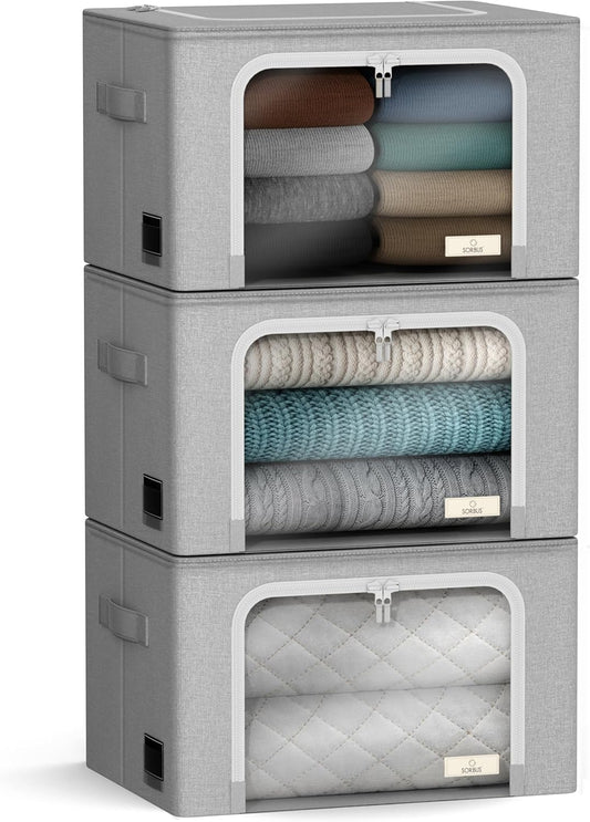 Sorbus Storage Bins with Metal Frame - Stackable & Foldable Clothes Organizer Bags - Oxford Fabric Storage Containers with Large Clear Window & Carry Handles Organization for Bedding Linen & Clothing