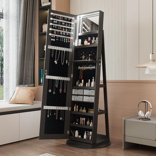 Montary 360° Rotating Jewelry Cabinet with Full-Length Mirror - Freestanding Jewelry Armoire with Lockable Storage, Built-In Lighted Mirror & Back Display Shelves, Black