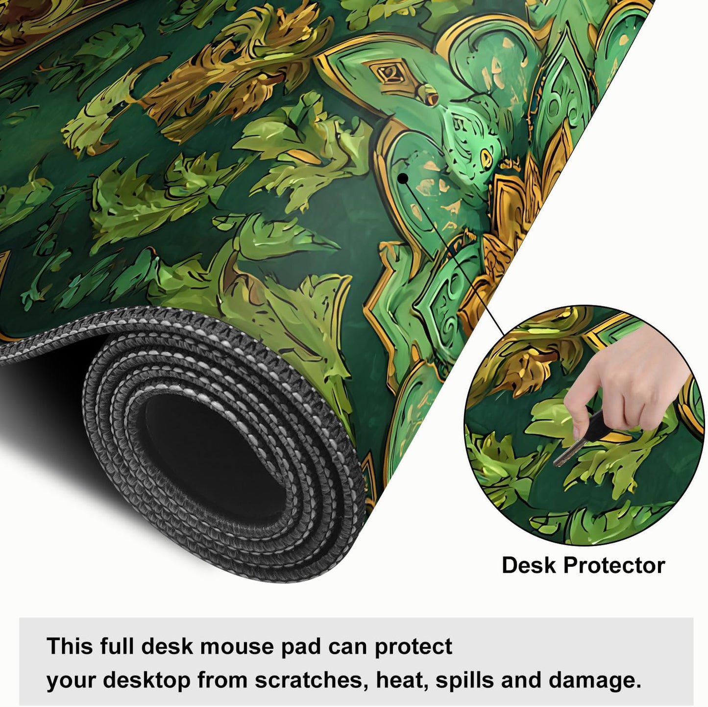 Green Vintage Floral Mouse Pad – Large Extended Desk Mat 31.5 x 11.8 in– Ornate Oriental Carpet Design with Gold & Emerald Motif, Keyboard & Mouse Pad for Office & Home