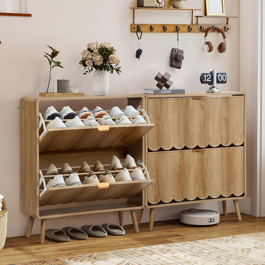 ORRD Shoe Storage Cabinet for Entryway with 2 Flip Drawers Set of 2, Freestanding Narrow Wood Shoe Cabinet with Wave Panel, Hidden Shoe Organizer for Foyer, Hallway (Natural)