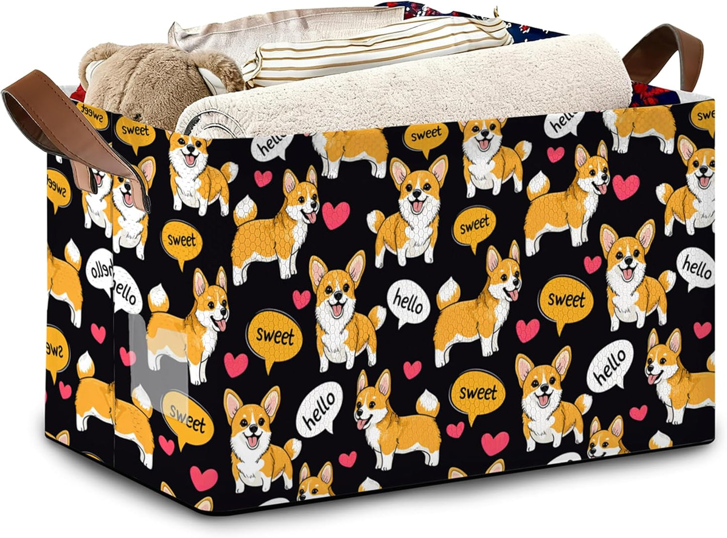 Cute Corgi Dog Storage Basket,Sweet Collapsible Storage Bin Cubes for Living Room Bedroom Blankets Home Storage 17x11.5x10Inch