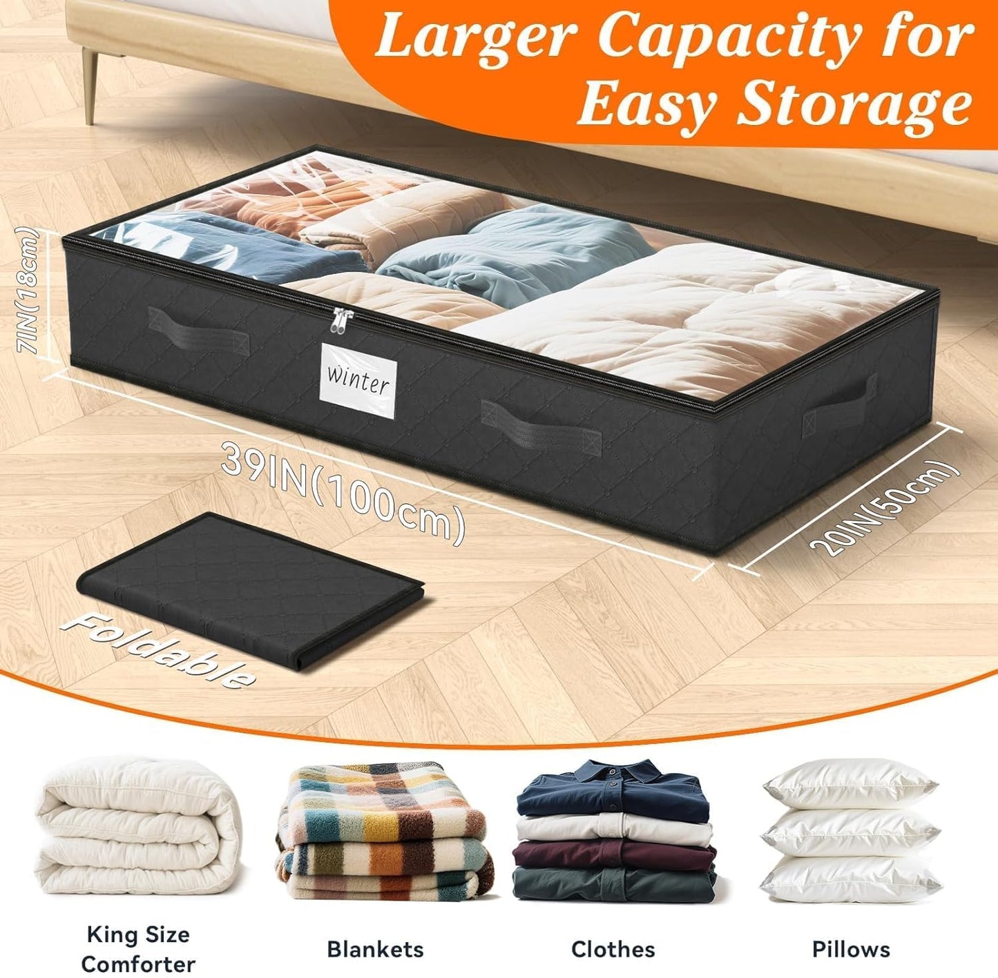SpaceWhisper 90L Under Bed Storage Containers, 2-Pack Storage Bins with Clear Top, Foldable Closet Organizers and Storage with Label Holder for Clothing, Blankets, Comforter & Pillows(Black)